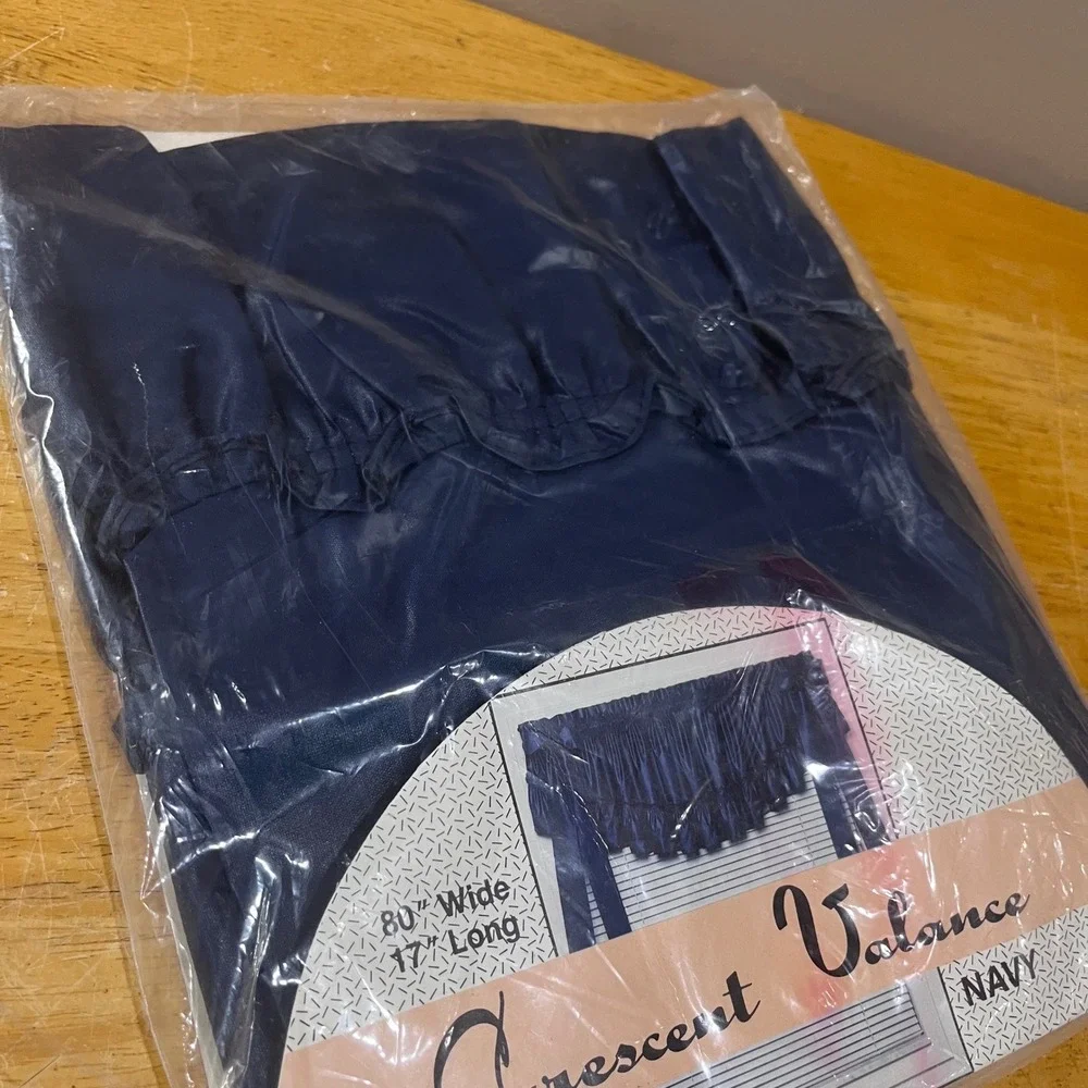 Vtg Crescent Valance Navy Blue Chintz Finish Ruffled Window Treatment 80x17 USA